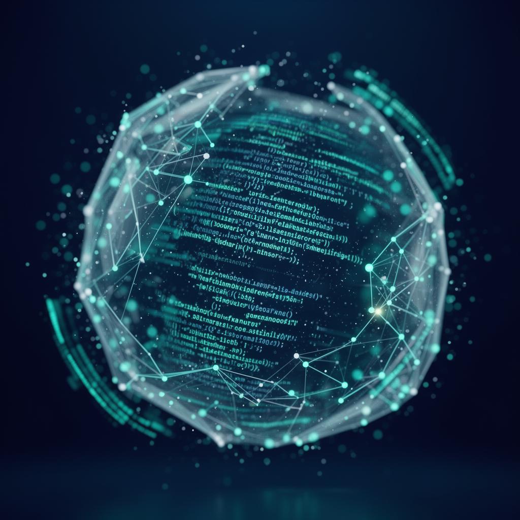 Holographic AI interface with floating code and data nodes